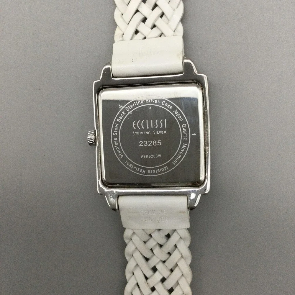 Ecclissi Womens Watch 30mm Sterling Silver White Leather Band 23285 New Battery